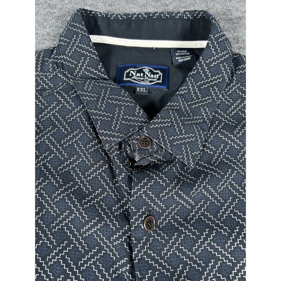 Nat Nast Mens XXL Button Down Shirt Blue Geometric‎ Silk Cotton Short Sleeve New - Picture 3 of 8